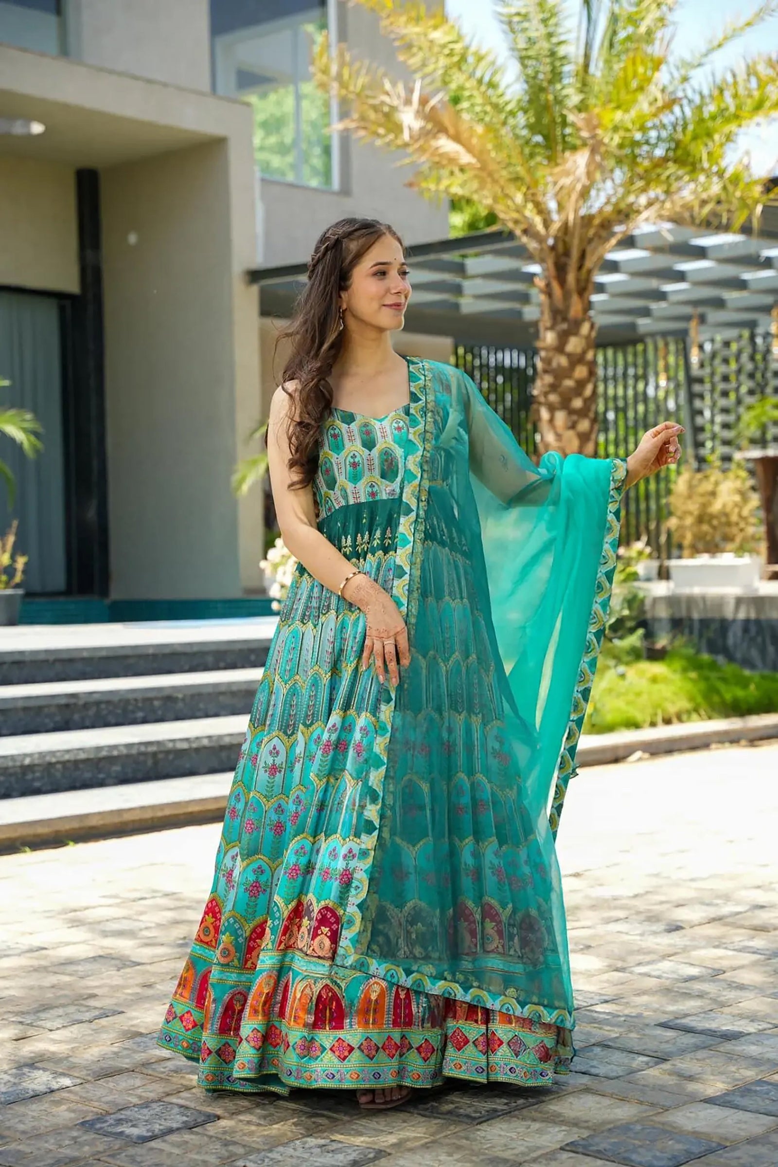Silk Digital Print Anarkali Gown with Organza Dupatta Clothsvilla