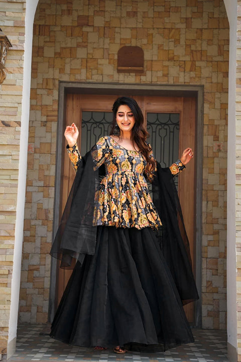 Silk Digital Print Sharara Suit with Organza Dupatta Clothsvilla Main image
