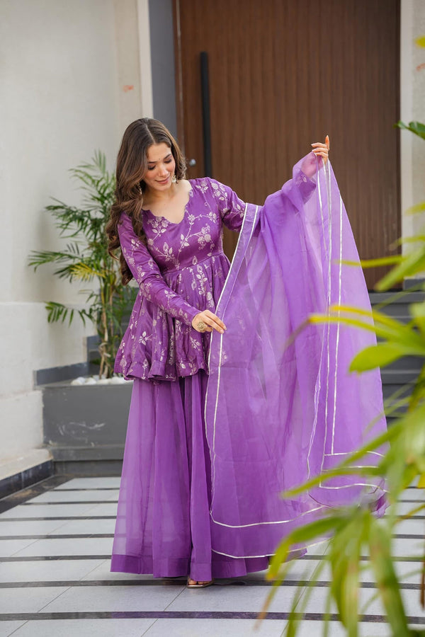 Silk Digital Print Sharara Suit with Organza Dupatta Clothsvilla