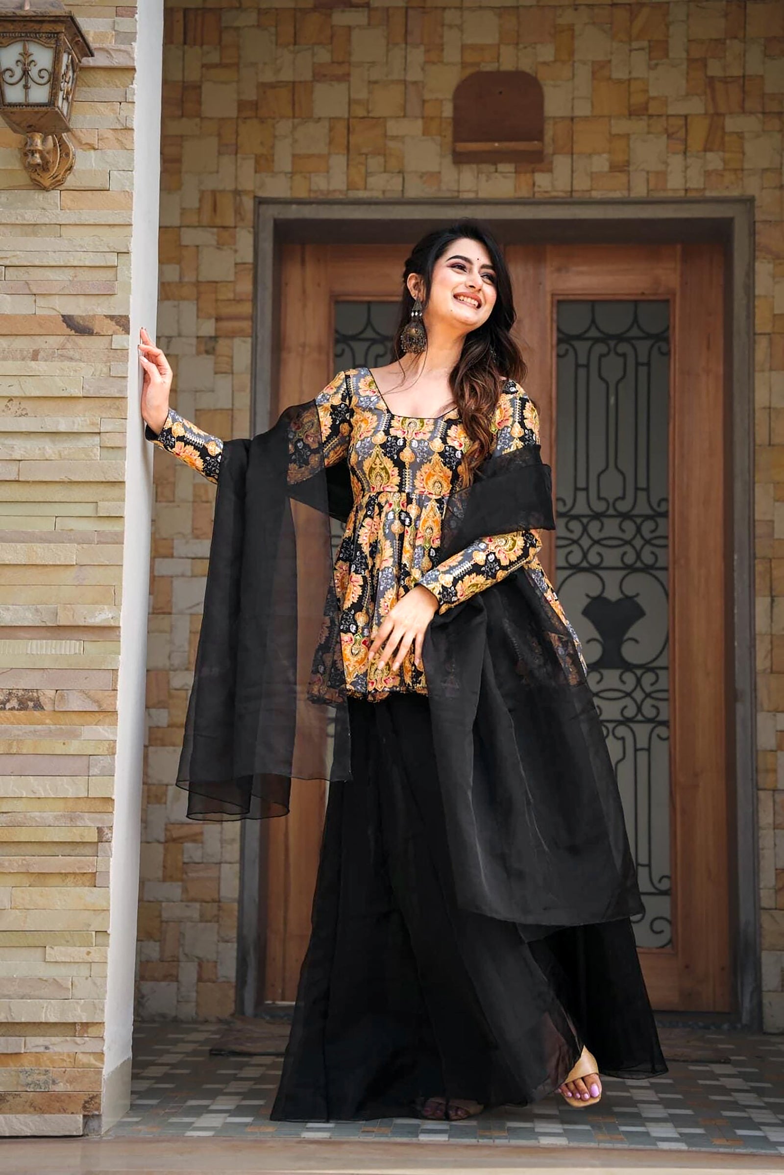 Silk Digital Print Sharara Suit with Organza Dupatta Clothsvilla