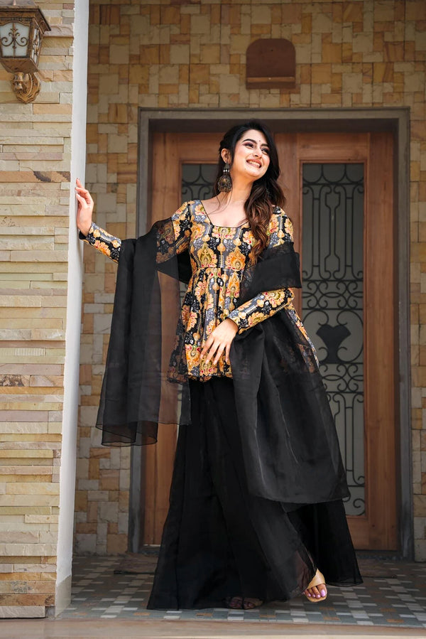 Silk Digital Print Sharara Suit with Organza Dupatta Clothsvilla