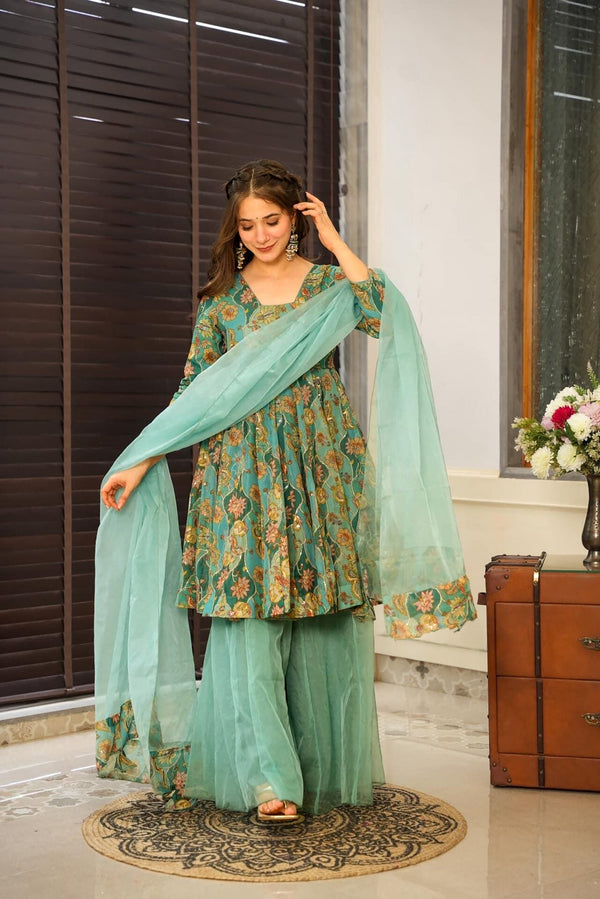 Silk Digital Print Sharara Suit with Organza Dupatta Clothsvilla