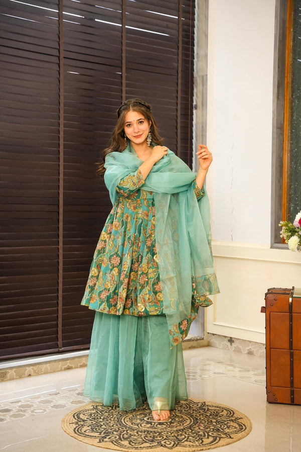 Silk Digital Print Sharara Suit with Organza Dupatta Clothsvilla