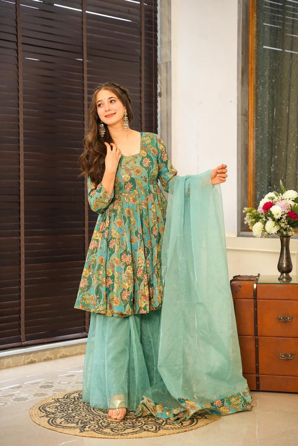 Silk Digital Print Sharara Suit with Organza Dupatta Clothsvilla
