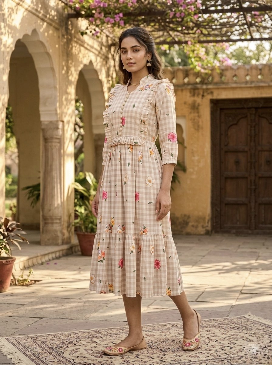 Silk Printed Kurti with Puff Sleeves ClothsVilla