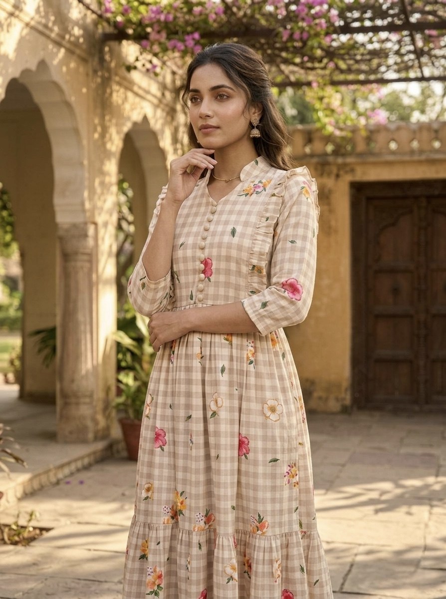 Silk Printed Kurti with Puff Sleeves ClothsVilla