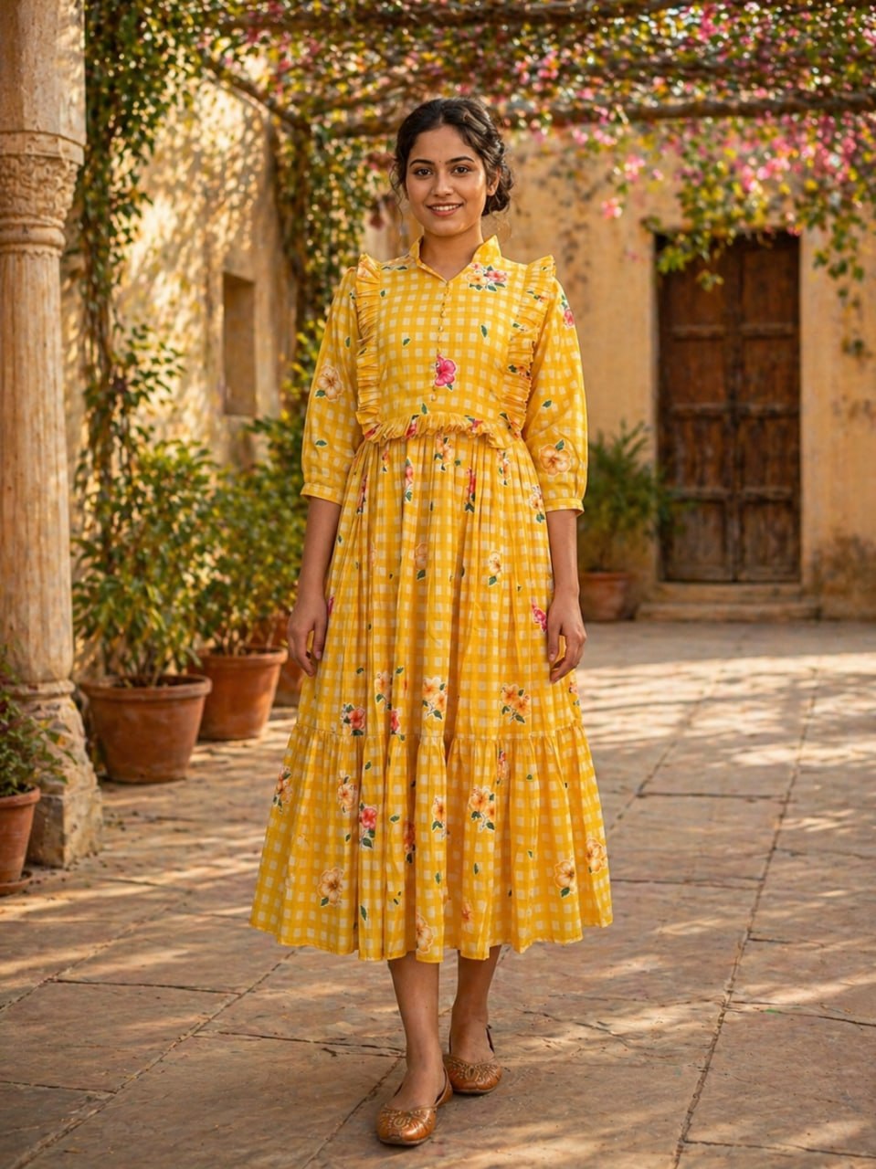 Silk Printed Kurti with Puff Sleeves ClothsVilla
