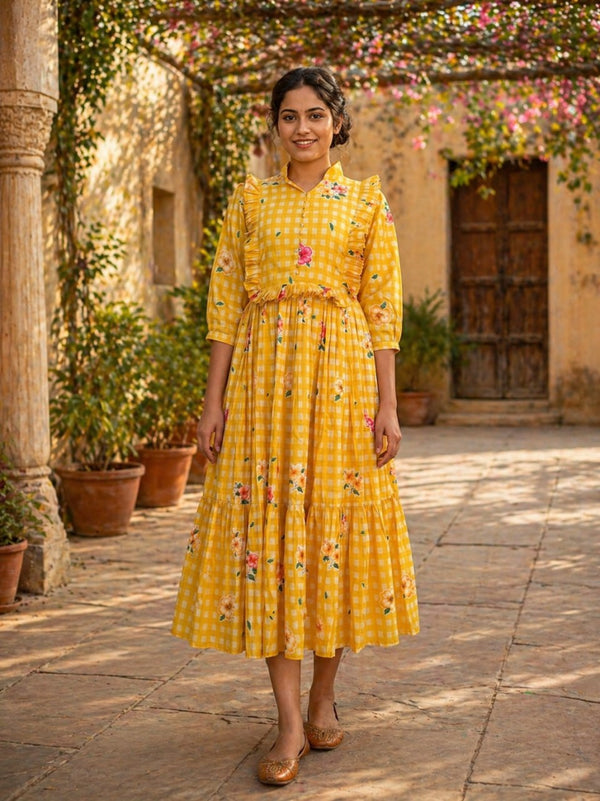 Silk Printed Kurti with Puff Sleeves ClothsVilla