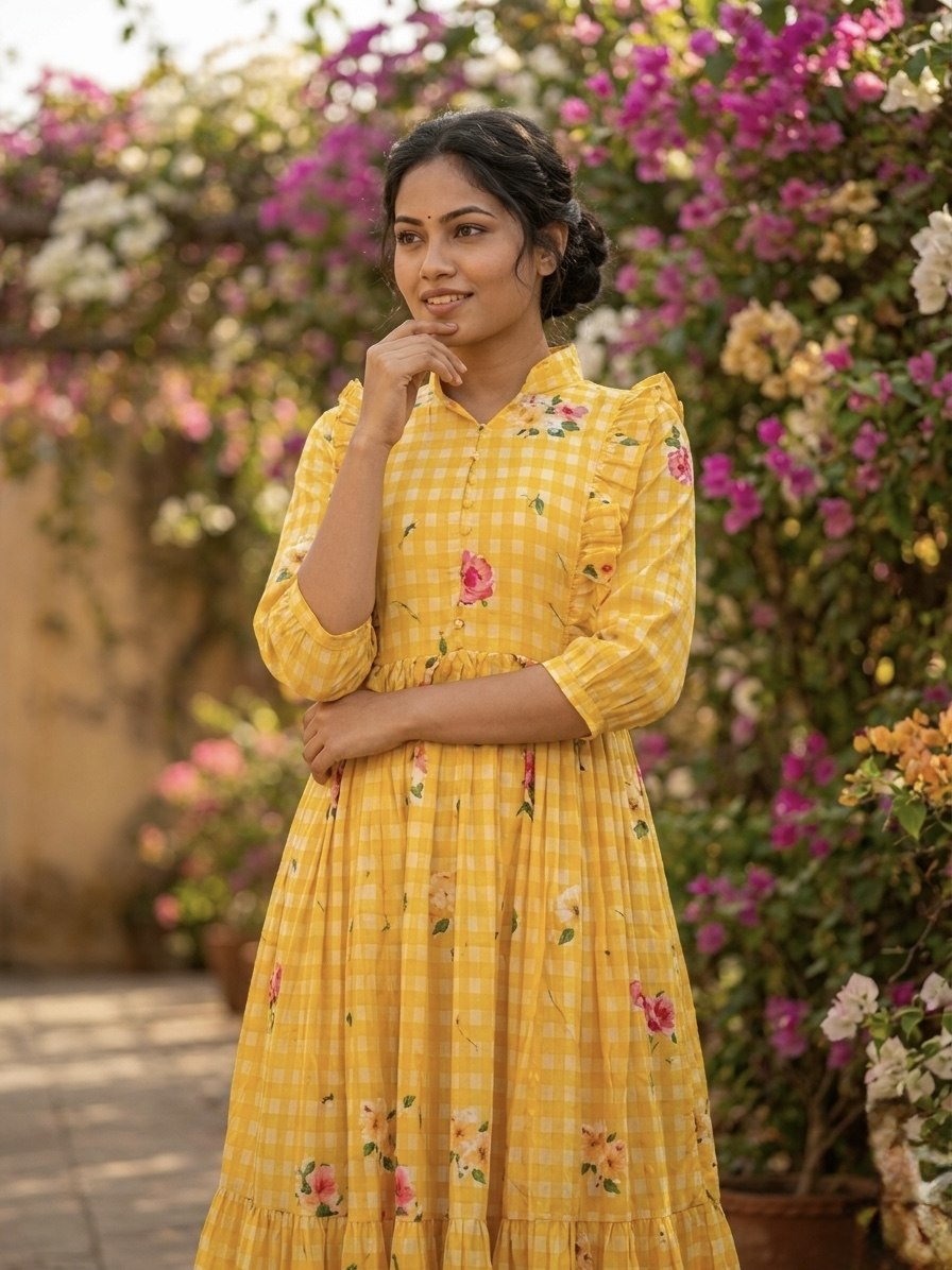 Silk Printed Kurti with Puff Sleeves ClothsVilla