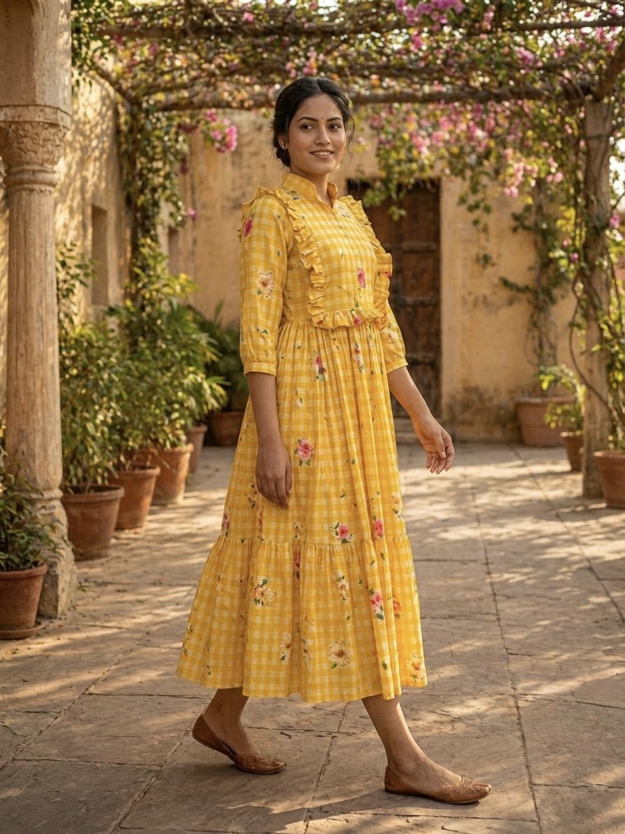Silk Printed Kurti with Puff Sleeves ClothsVilla