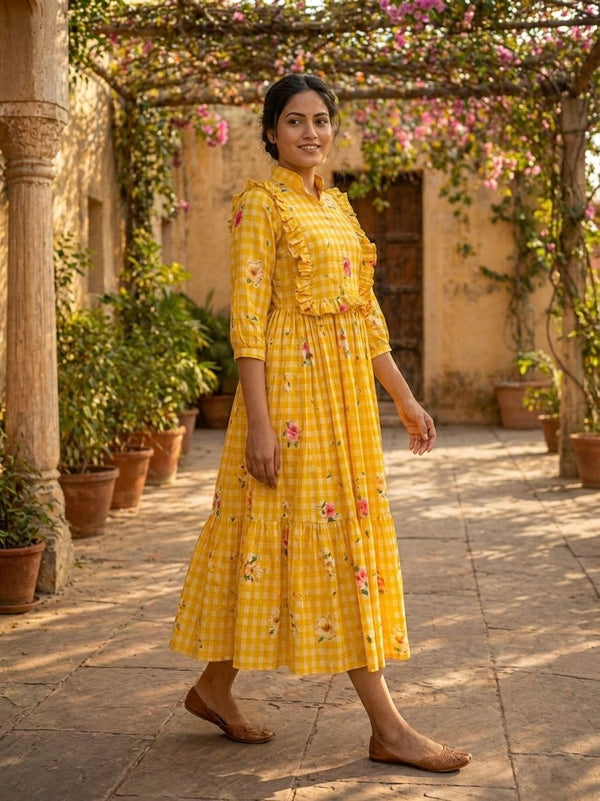 Silk Printed Kurti with Puff Sleeves ClothsVilla