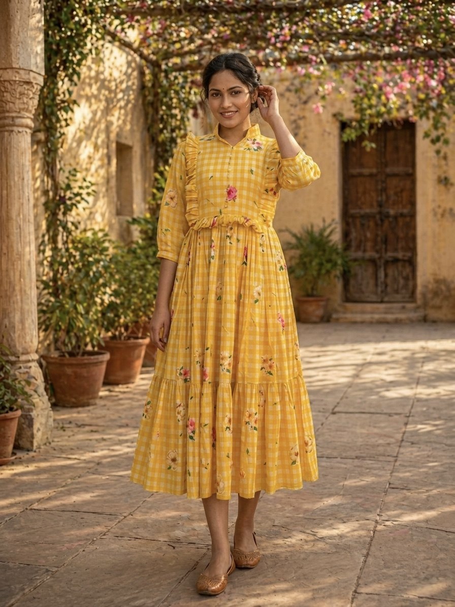 Silk Printed Kurti with Puff Sleeves ClothsVilla