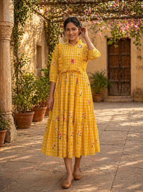 Silk Printed Kurti with Puff Sleeves ClothsVilla