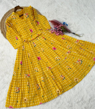 Silk Printed Kurti with Puff Sleeves ClothsVilla