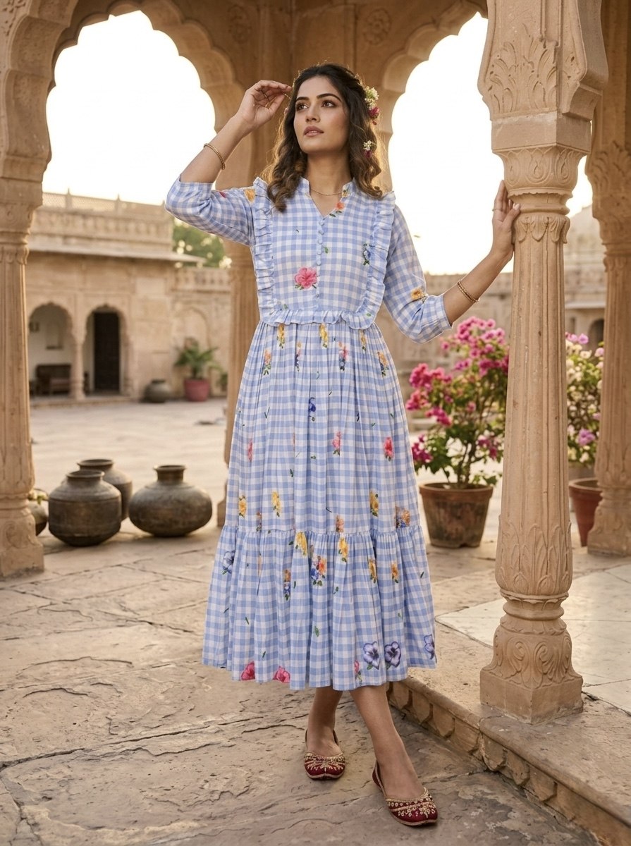Silk Printed Kurti with Puff Sleeves ClothsVilla