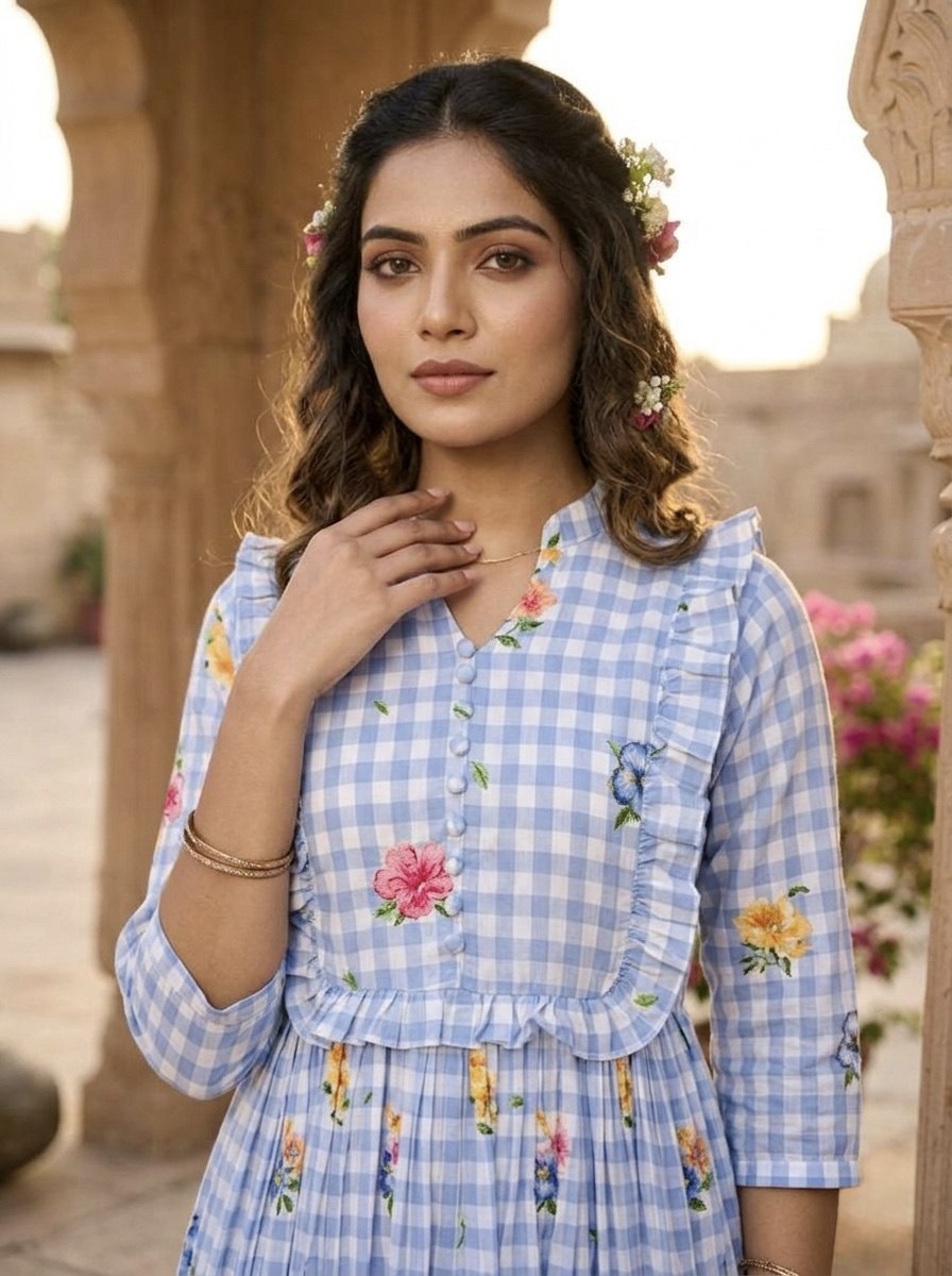 Silk Printed Kurti with Puff Sleeves ClothsVilla