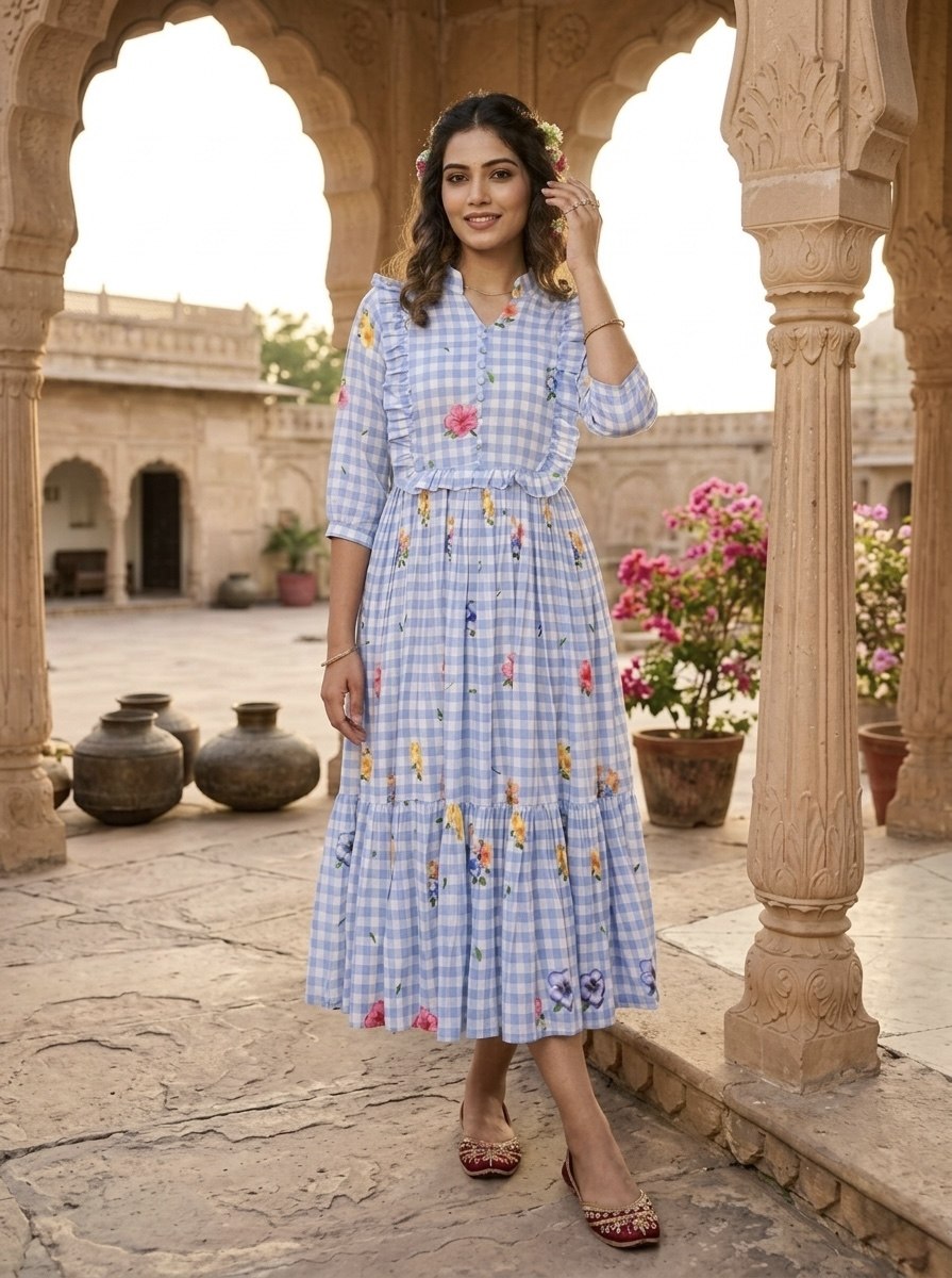Silk Printed Kurti with Puff Sleeves ClothsVilla