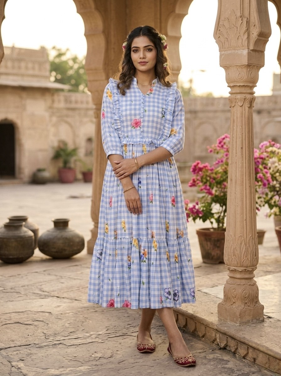 Silk Printed Kurti with Puff Sleeves ClothsVilla