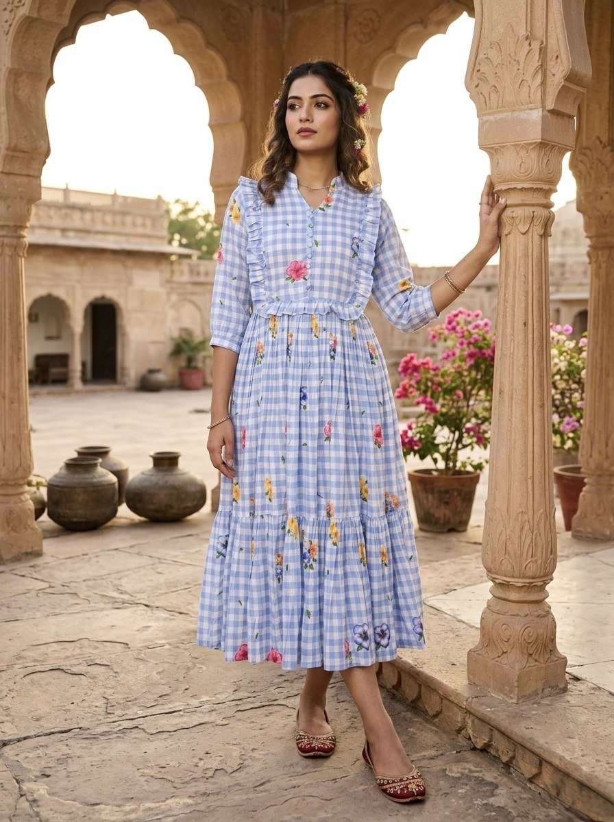 Silk Printed Kurti with Puff Sleeves ClothsVilla