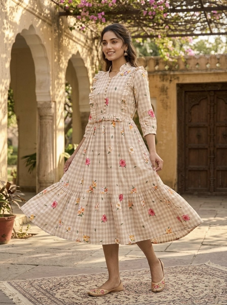 Silk Printed Kurti with Puff Sleeves ClothsVilla