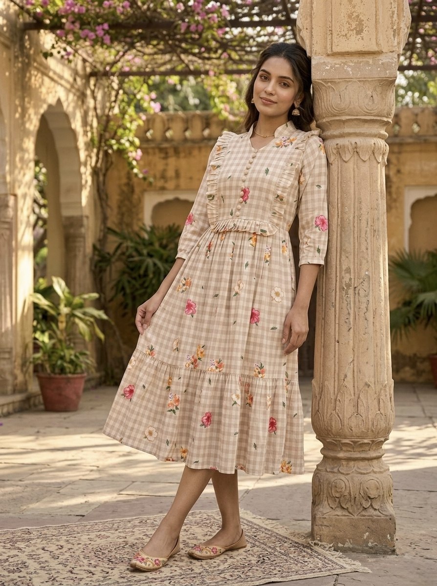 Silk Printed Kurti with Puff Sleeves ClothsVilla
