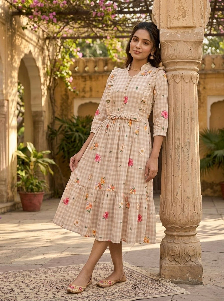 Silk Printed Kurti with Puff Sleeves ClothsVilla