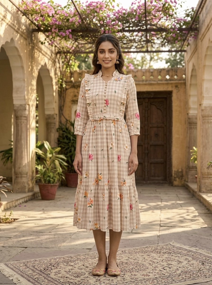 Silk Printed Kurti with Puff Sleeves ClothsVilla