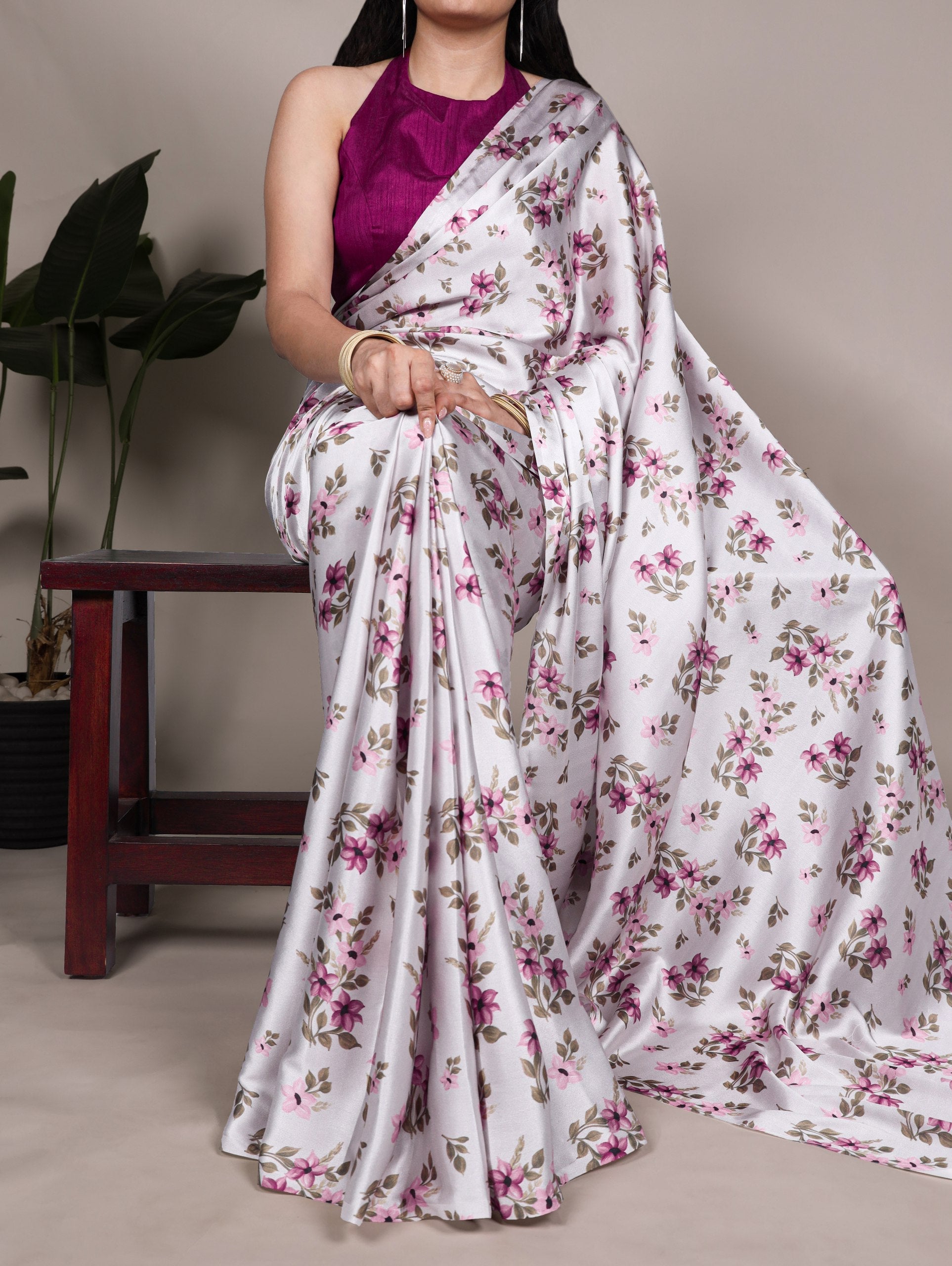 Silver Elegant Satin Silk Printed Saree with Banglory Blouse Piece – Soft, Lustrous & Timeless Ethnic Drape ClothsVilla Main image