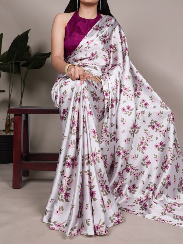 Silver Elegant Satin Silk Printed Saree with Banglory Blouse Piece – Soft, Lustrous & Timeless Ethnic Drape ClothsVilla