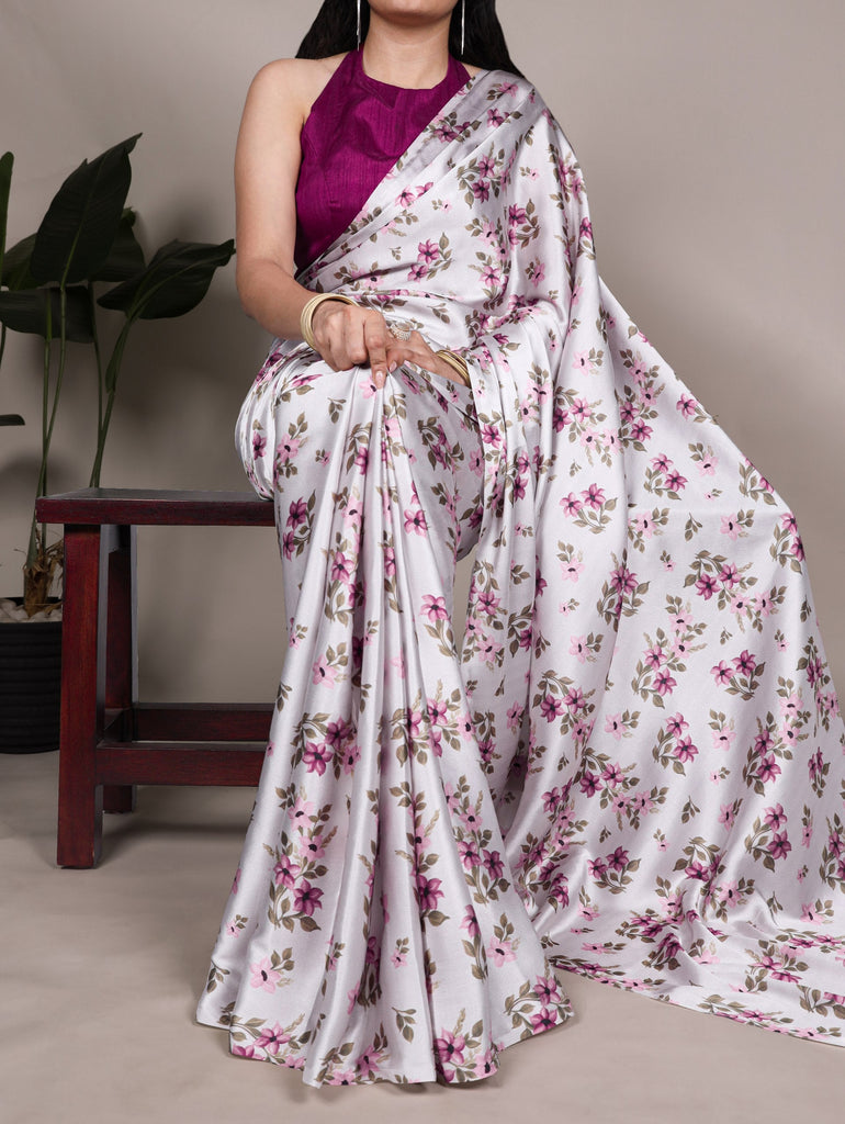 Silver Elegant Satin Silk Printed Saree with Banglory Blouse Piece – Soft, Lustrous & Timeless Ethnic Drape ClothsVilla