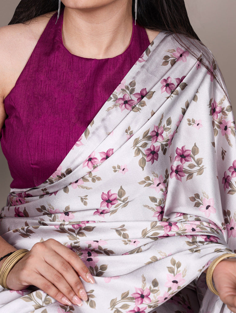Silver Elegant Satin Silk Printed Saree with Banglory Blouse Piece – Soft, Lustrous & Timeless Ethnic Drape ClothsVilla
