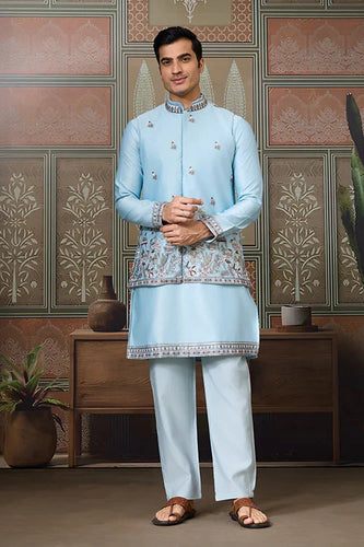 Sky Blue Embroidered Silk Koti Kurta Set for Mens Clothsvilla