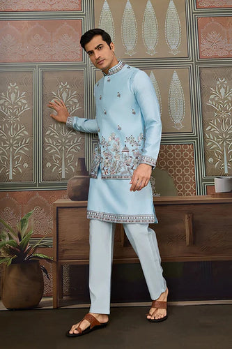 Sky Blue Embroidered Silk Koti Kurta Set for Mens Clothsvilla