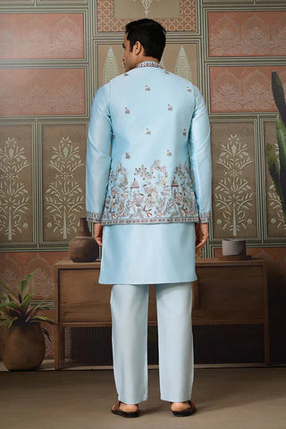 Sky Blue Embroidered Silk Koti Kurta Set for Mens Clothsvilla