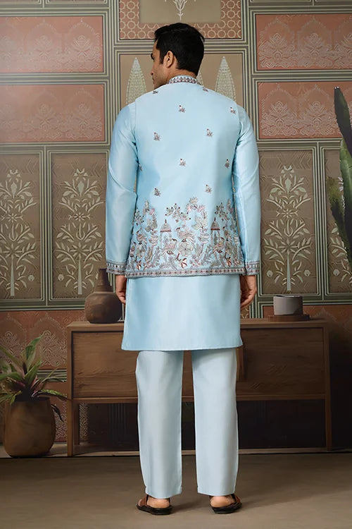 Sky Blue Embroidered Silk Koti Kurta Set for Mens Clothsvilla