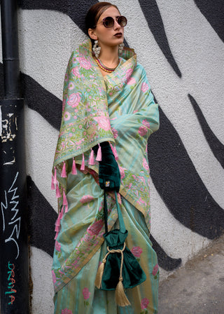 Sky Blue Banarasi Silk Saree with Zari Kashmiri Weaving  & Unstitched Blouse ClothsVilla