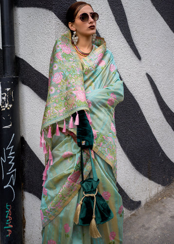 Sky Blue Banarasi Silk Saree with Zari Kashmiri Weaving  & Unstitched Blouse ClothsVilla