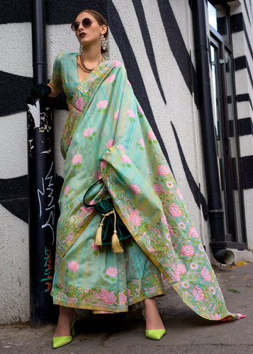 Sky Blue Banarasi Silk Saree with Zari Kashmiri Weaving  & Unstitched Blouse ClothsVilla