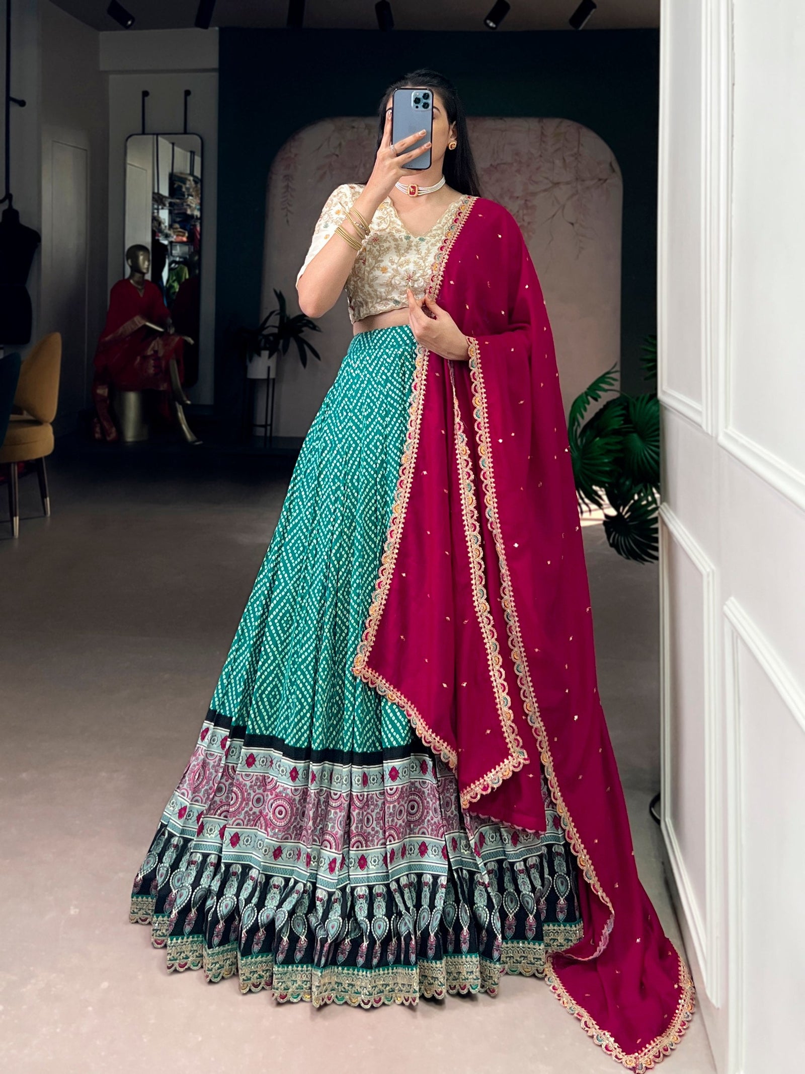 Sky Blue Bandhej & Ajrakh Printed Lehenga Choli Set ClothsVilla