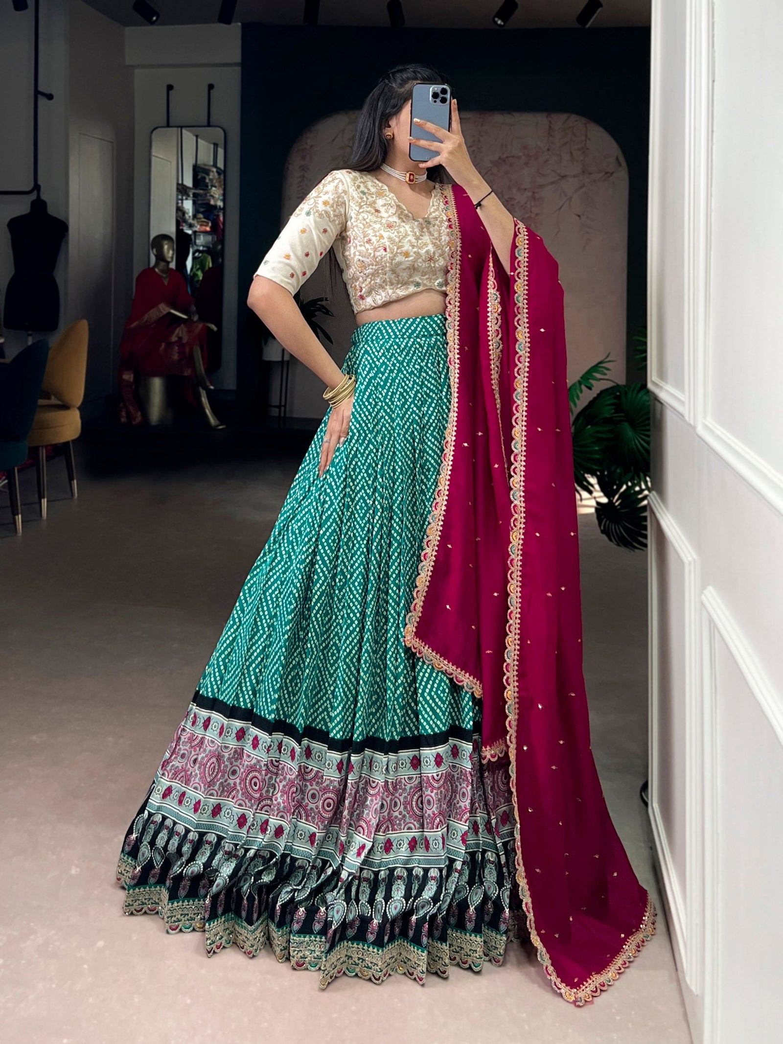 Sky Blue Bandhej & Ajrakh Printed Lehenga Choli Set ClothsVilla