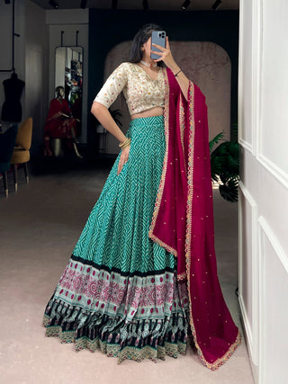 Sky Blue Bandhej & Ajrakh Printed Lehenga Choli Set ClothsVilla