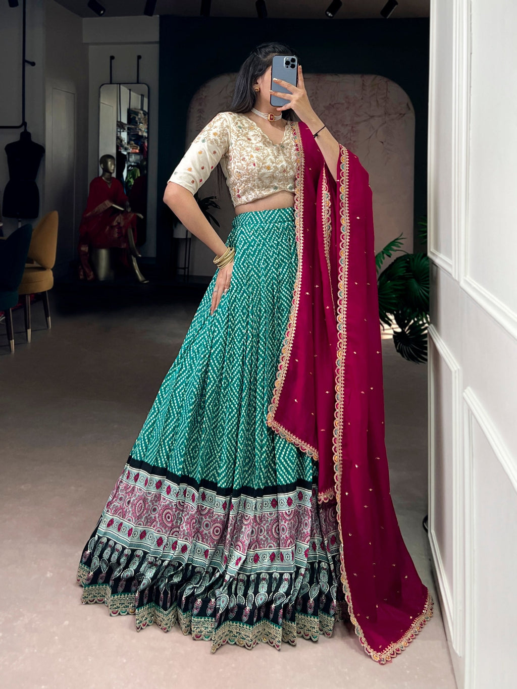 Sky Blue Bandhej & Ajrakh Printed Lehenga Choli Set ClothsVilla