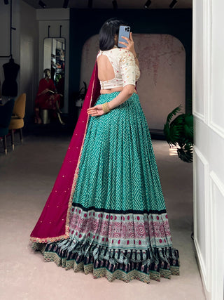 Sky Blue Bandhej & Ajrakh Printed Lehenga Choli Set ClothsVilla