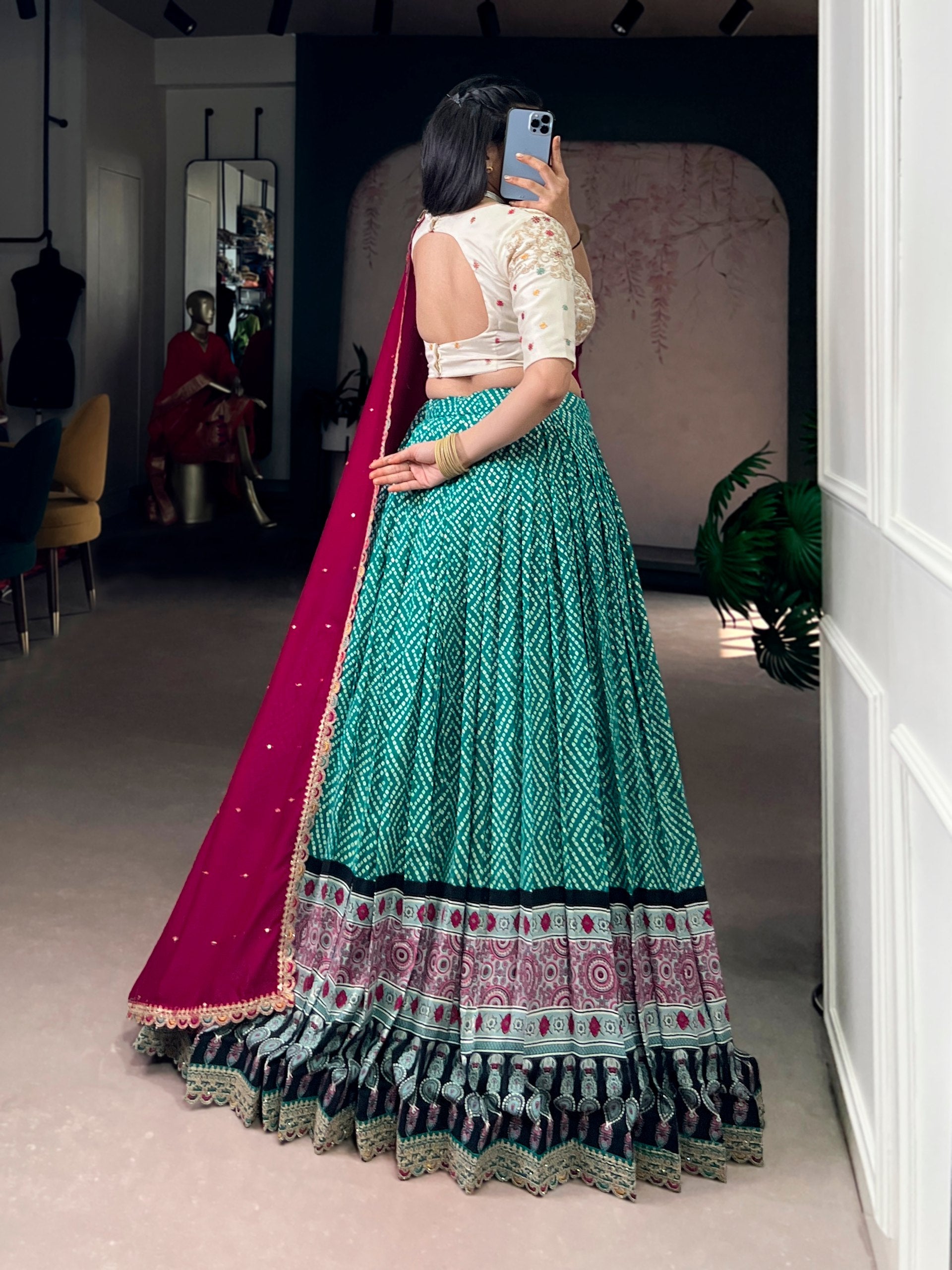 Sky Blue Bandhej & Ajrakh Printed Lehenga Choli Set ClothsVilla