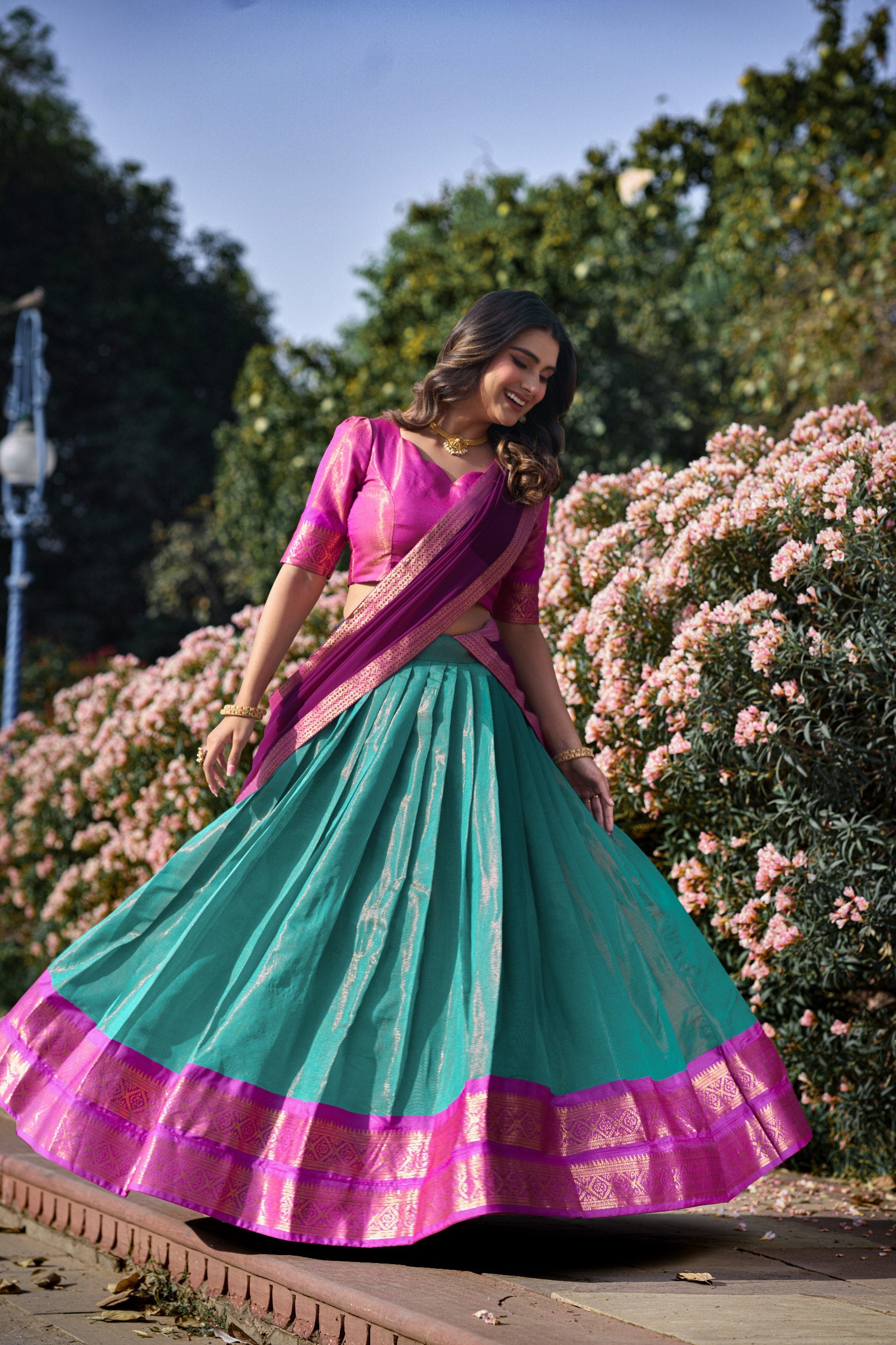 Sky Blue Breathtaking South-Indian Kanchipuram Silk Lehenga Choli Set with Zari Weaving Secondary image