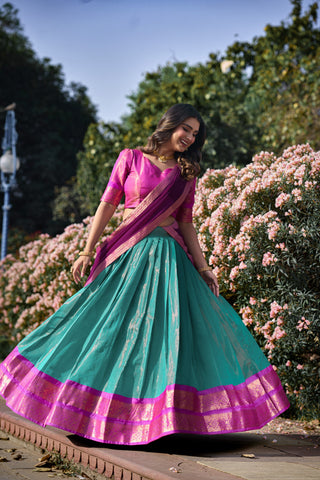 Sky Blue Breathtaking South-Indian Kanchipuram Silk Lehenga Choli Set with Zari Weaving ClothsVilla