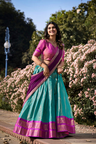Sky Blue Breathtaking South-Indian Kanchipuram Silk Lehenga Choli Set with Zari Weaving ClothsVilla