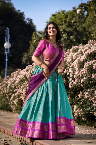 Sky Blue Breathtaking South-Indian Kanchipuram Silk Lehenga Choli Set with Zari Weaving ClothsVilla