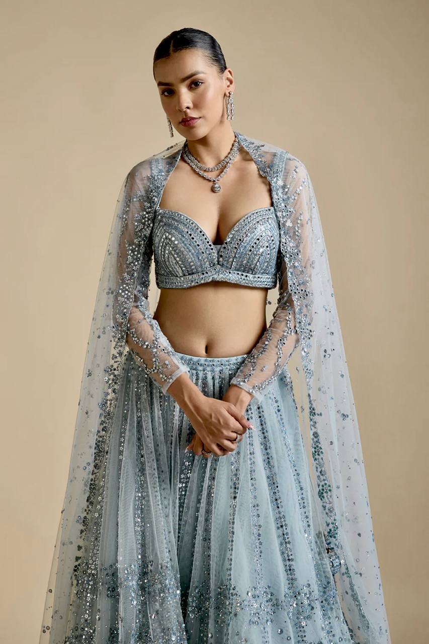 Sky Blue Brighten Your Day Stunning Net Lehenga Set with Sequins Work ClothsVilla