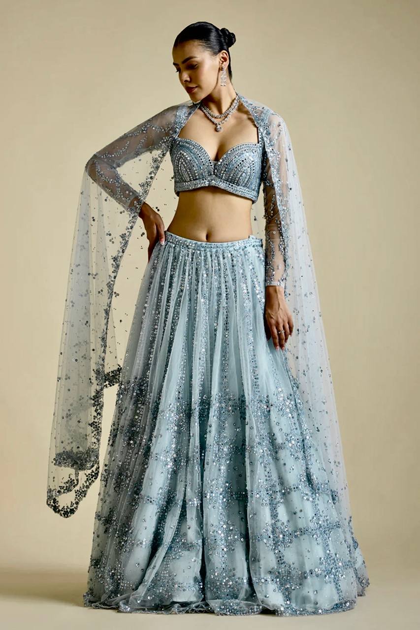 Sky Blue Brighten Your Day Stunning Net Lehenga Set with Sequins Work Secondary image